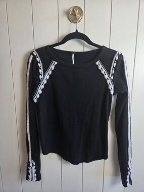 Free People Black Long Sleeve Top with White Trim Detail